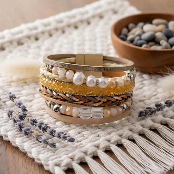 🆕Boho Chic Layered Vegan Leather Magnetic Trendy Bracelet with Faux Pearls - Picture 5 of 17
